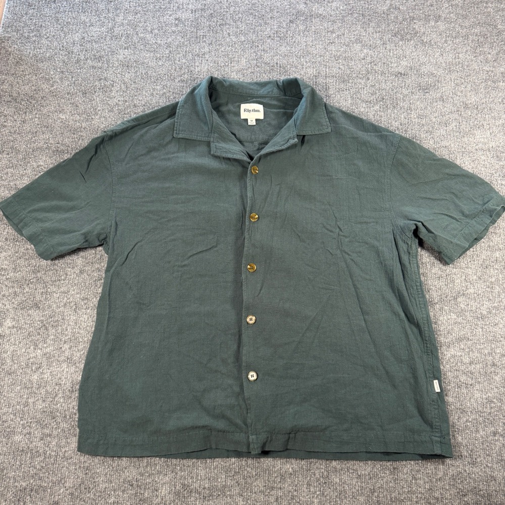 Rhythm Camp Collar Short Sleeve 100% Cotton Green Shirt Size M Gorpcore